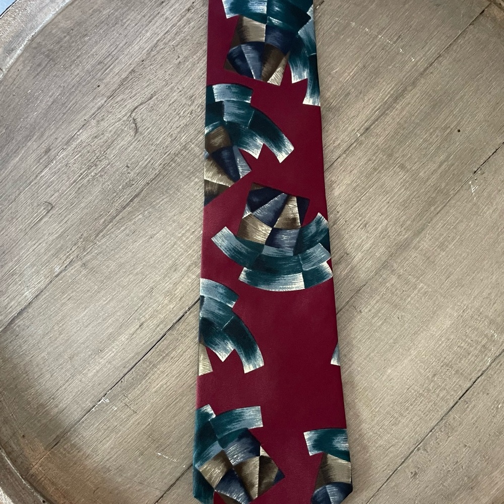 H by Halston Burgundy Silk Tie with Teal Floral Pattern